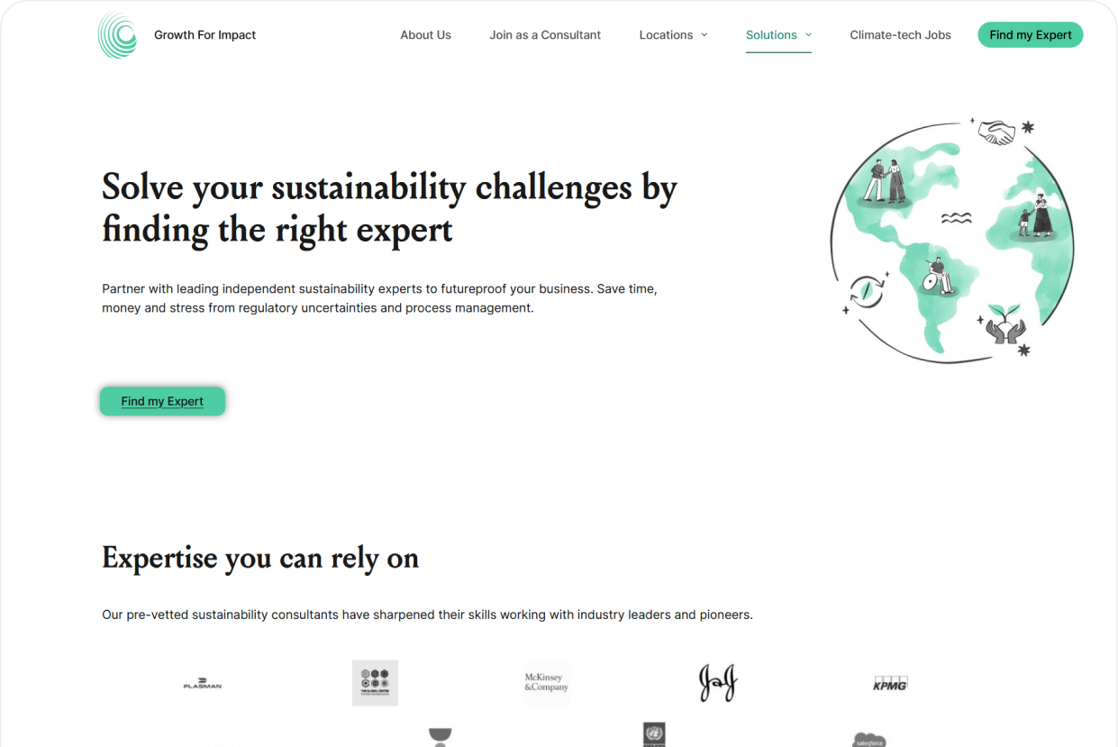 Original Growth for Impact homepage, centered on finding consultants