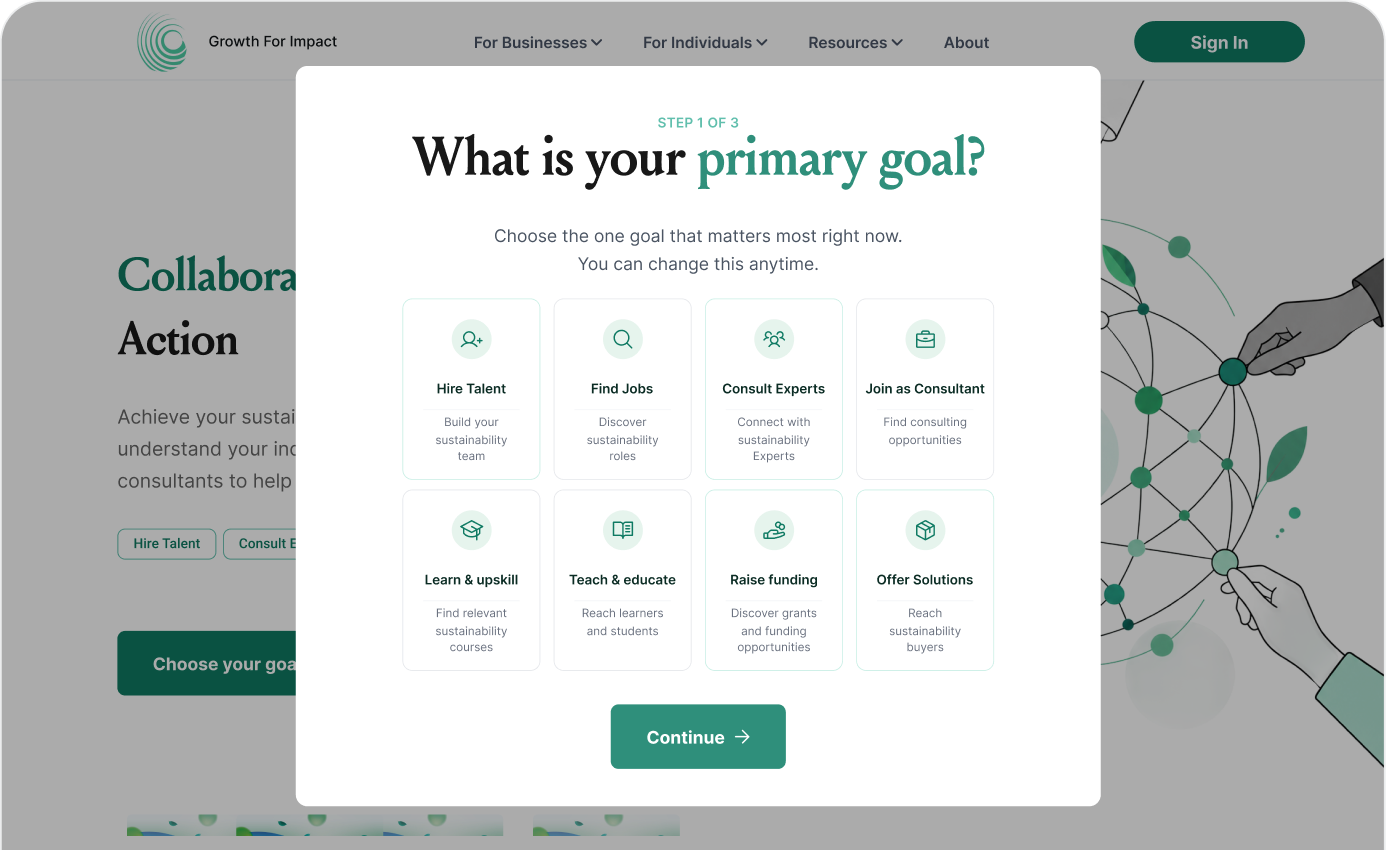 First of three signup steps asking users to choose their primary goal