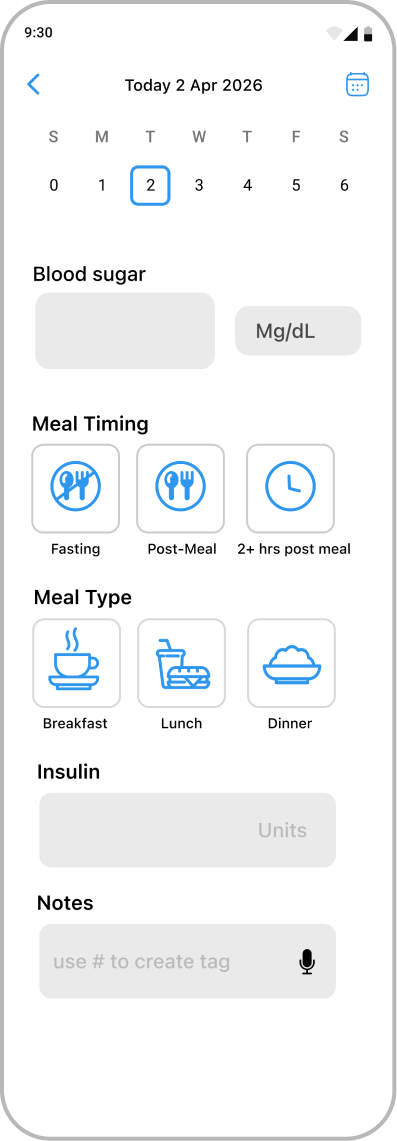 Single-screen blood glucose logging with date, meal, insulin and notes controls