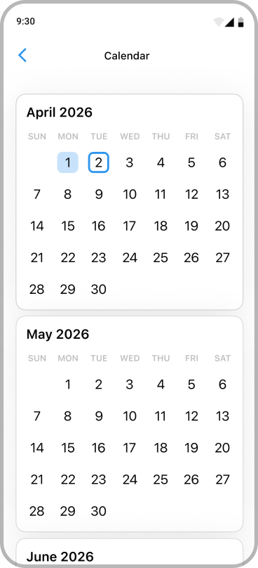 Reading history arranged on a calendar by month and date
